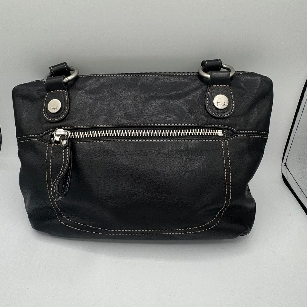 Fossil Black Pebbled Leather Shoulder Bag Contrast Stitch Hobo Purse ZB9384